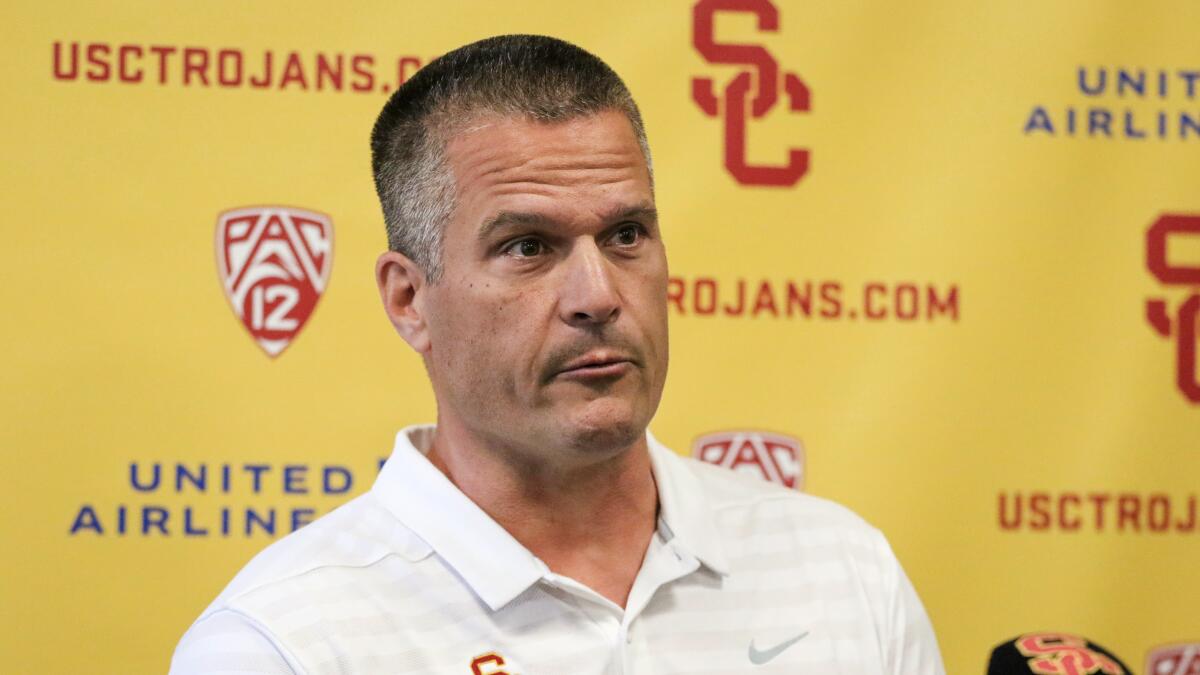 New USC defensive coordinator Todd Orlando speaks at a news conference Tuesday on campus.