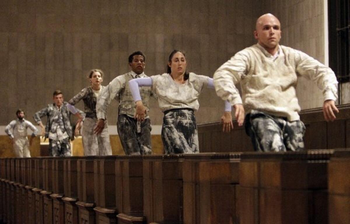 The corp of dancers during dress rehearsal of the opera "Invisible Cities," in Union Station in Los Angeles on Oct. 17, 2013.