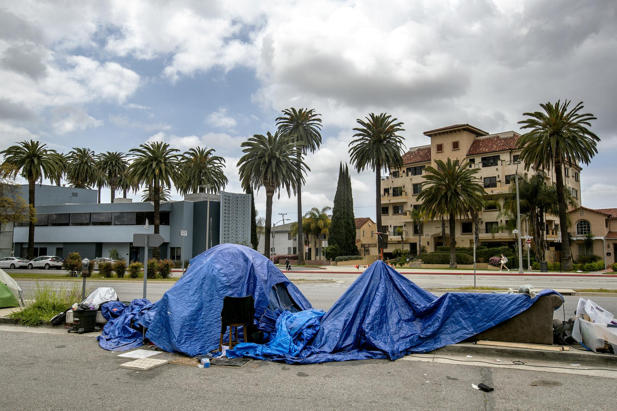 A blue tarp drapes over two tents pitched on a street median. Multi-story buildings and palm trees line the street across