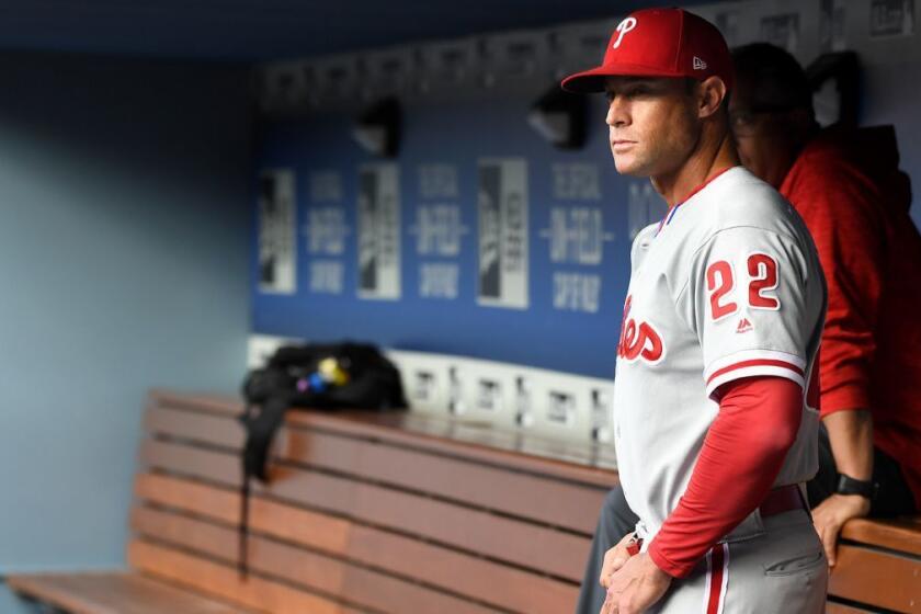 LOS ANGELES, CALIFORNIA MAY 30, 2018-Phillies manager Gabe Kapler realxes in the dugout before a game with the Dodgers at Dodger Stadium Wednesday. (Wally Skalij/Los Angeles Times)