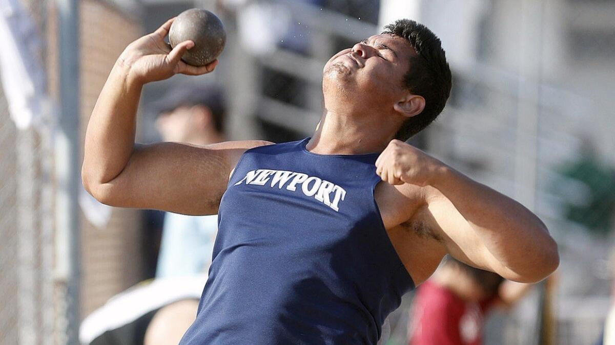 Newport Harbor's Aidan Elbettar, pictured competing in the shotput on May 20, 2018, was a medalist in the CIF State track and field championships on Saturday.