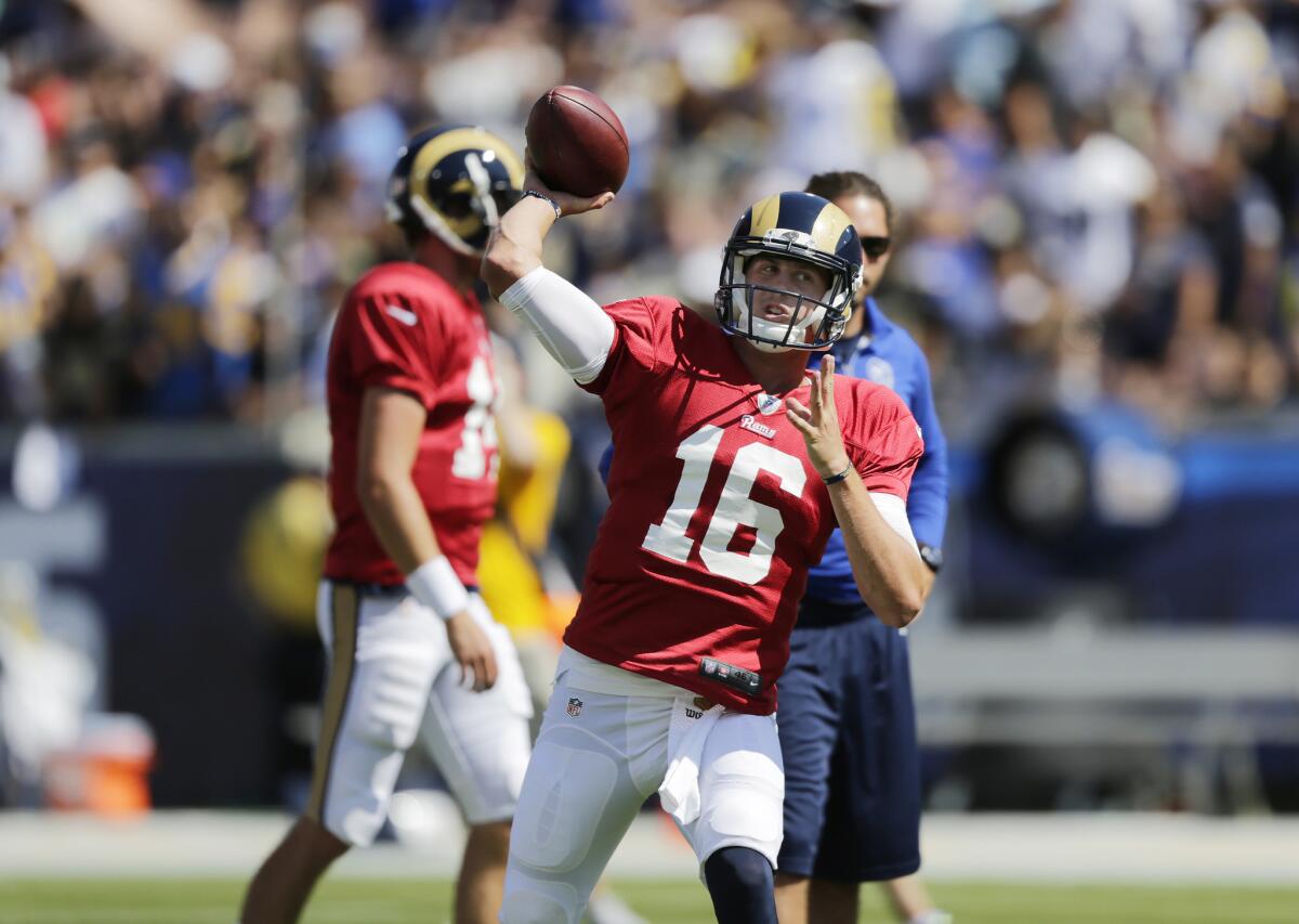 Rams rookie quarterback Jared Goff passes during a team scrimmage at the Coliseum on Saturday.