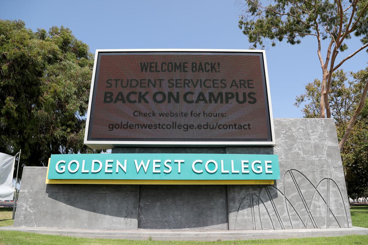 An automated Golden West College sign welcomes students and faculty back to campus in Huntington Beach.