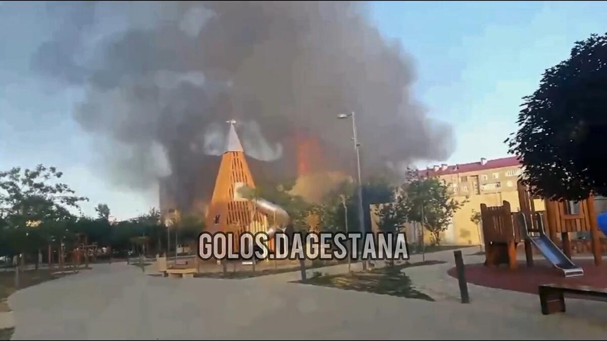 An image from video shows a building on fire.