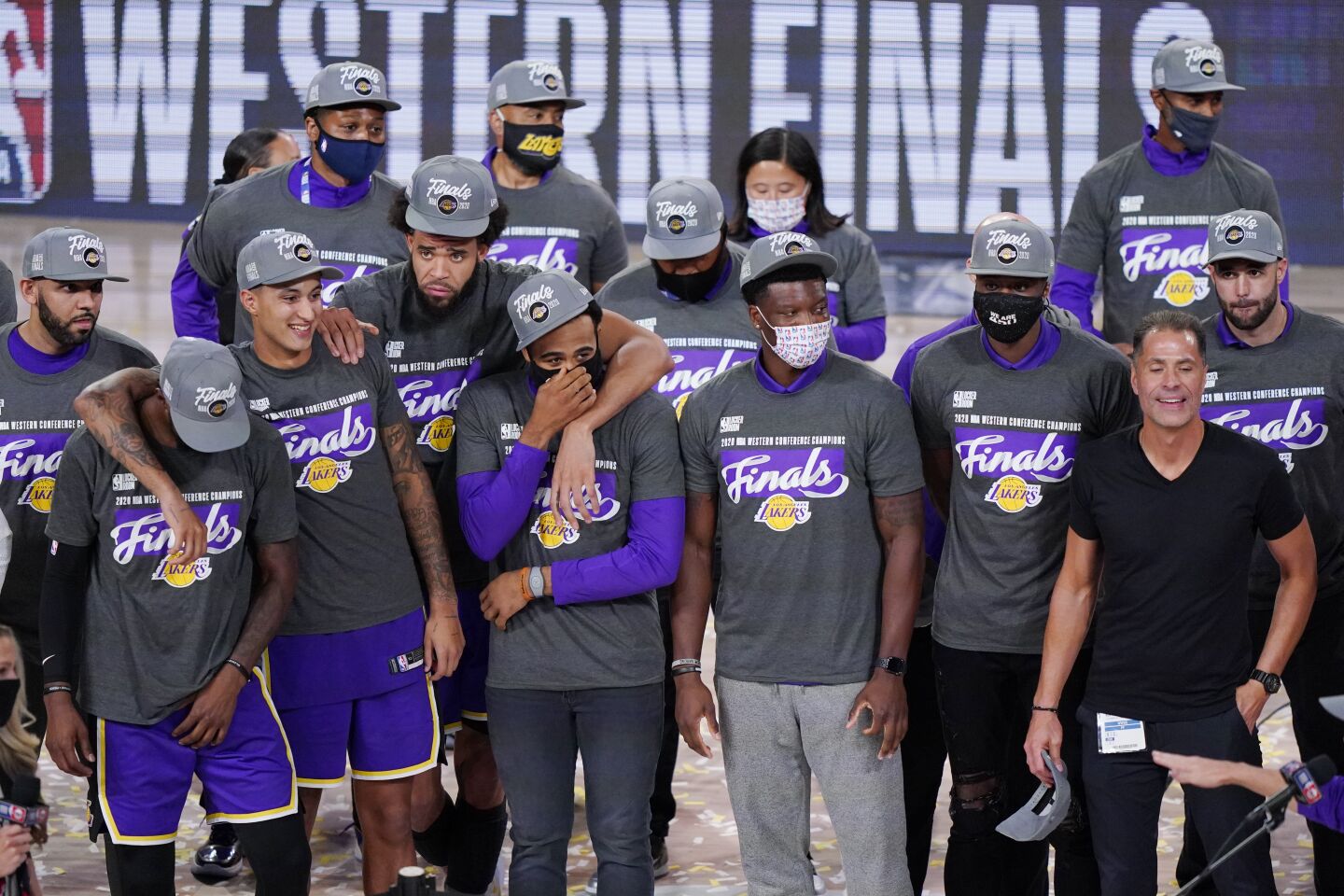 The Lakers gather for the trophy presentation after Game 5.