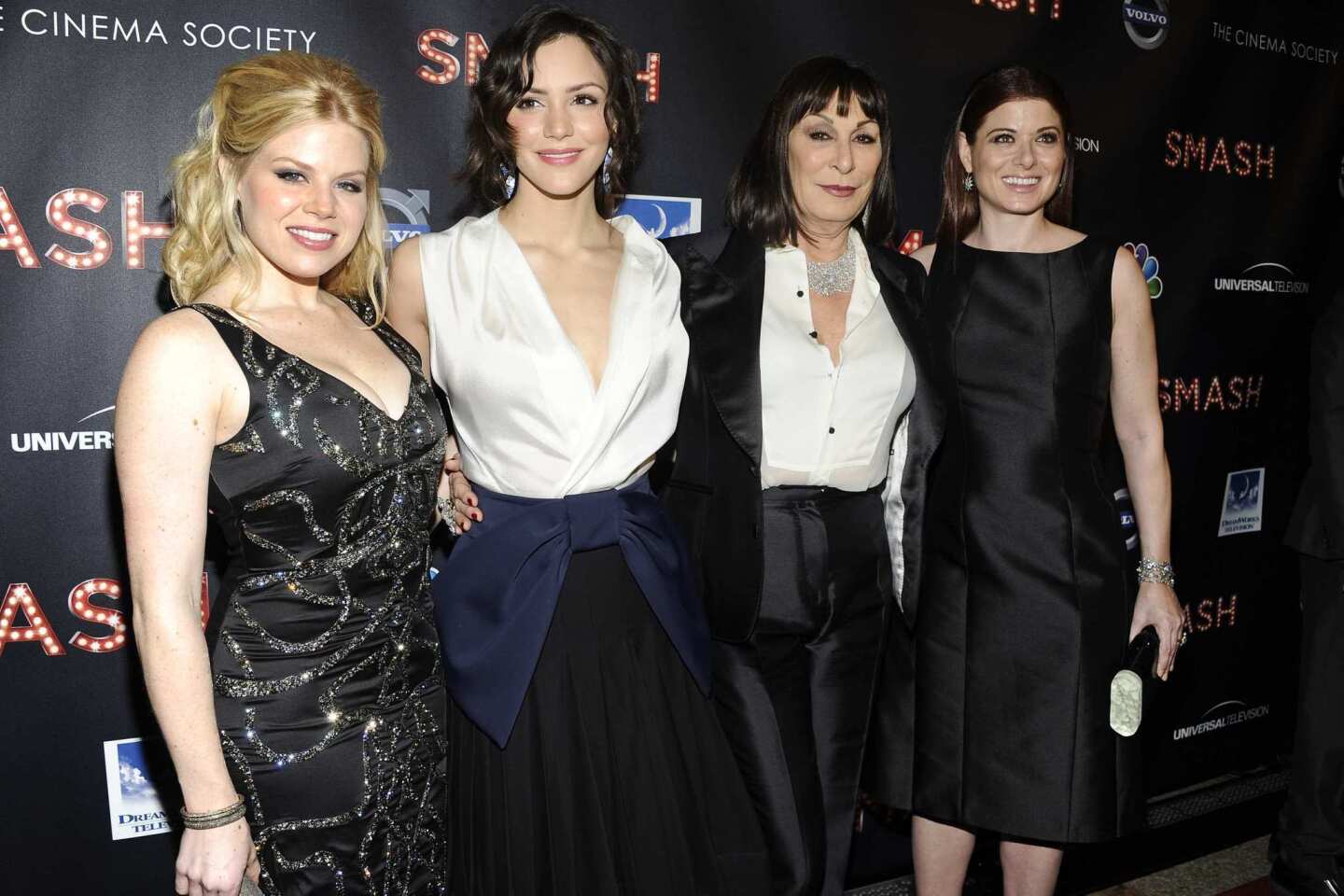 The cast of NBC's new show "Smash" gathered in New York on Thursday night to celebrate the musical drama's Feb. 6 debut. The show centers on competing Broadway hopefuls Karen Cartwright (Katharine McPhee) and Ivy Lynn (Megan Hilty) as they try out for the lead role in a new musical about Marilyn Monroe. From left, Hilty and McPhee with costars Angelica Huston and Debra Messing at the opening at the Metropolitan Museum of Art.