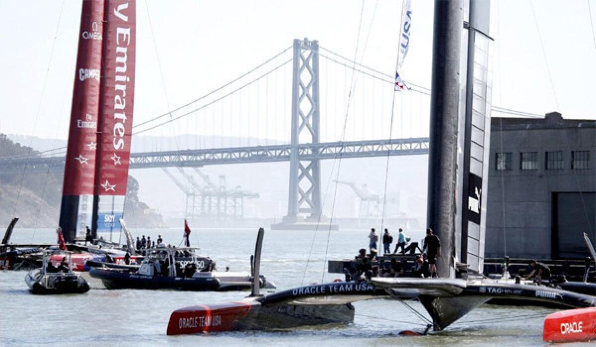 Team New Zealand, left, is one win away from victory over Team USA in the America's Cup finals after winning Race 11 on Wednesday before Race 12 was stopped because the wind exceeded the safety limit.