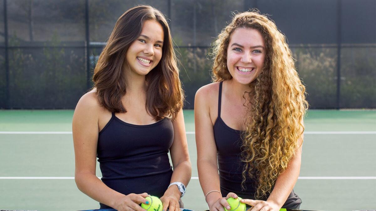 Sage Hill junior Michelle Hung, left, and senior Nicole Condas will compete in doubles at the CIF Southern Section Individuals tournament Monday at Andulka Park Tennis Center in Riverside.