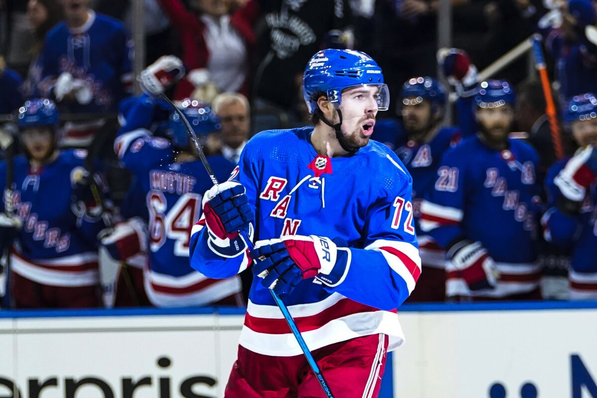 New York Rangers' Filip Chytil (72) celebrates after scoring a goal against the Tampa Bay Lightning during the second period of Game 1 of the NHL hockey Stanley Cup playoffs Eastern Conference finals Wednesday, June 1, 2022, in New York. (AP Photo/Frank Franklin II)