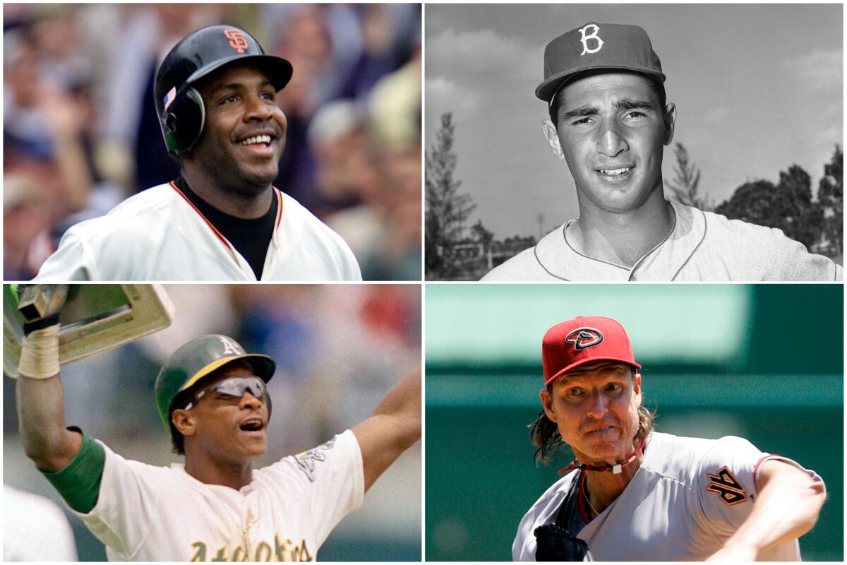 Clockwise from top left: Barry Bonds, Sandy Koufax, Randy Johnson, Rickey Henderson 