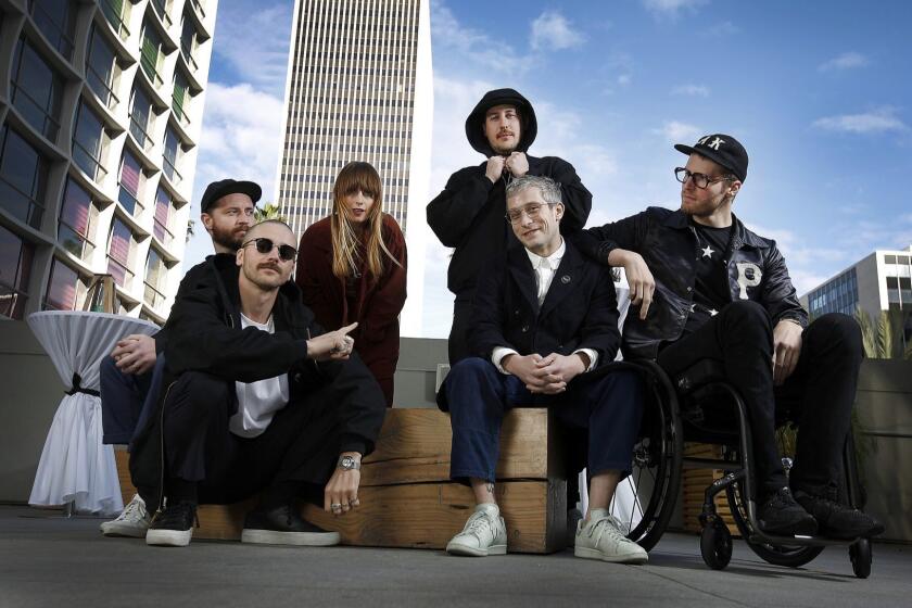 LOS ANGELES, CA., MARCH 14, 2018-Portrait of Portugal the Man, ( l to r) John Gourley, guitar; Jason Seachrist, Drums; Zoe Manville, vocals; Zachary Carothers, Bass guitar; Lyle O'Quin, keyboard;nd Eric Howk, guitar; are one of the few rock bands high on the bill for this year's Coachella festival (which is otherwise heavy on rap and R&B); the band had a huge hit in 2017 with FEEL IT STILL. (Kirk McKoy / Los Angeles Times)