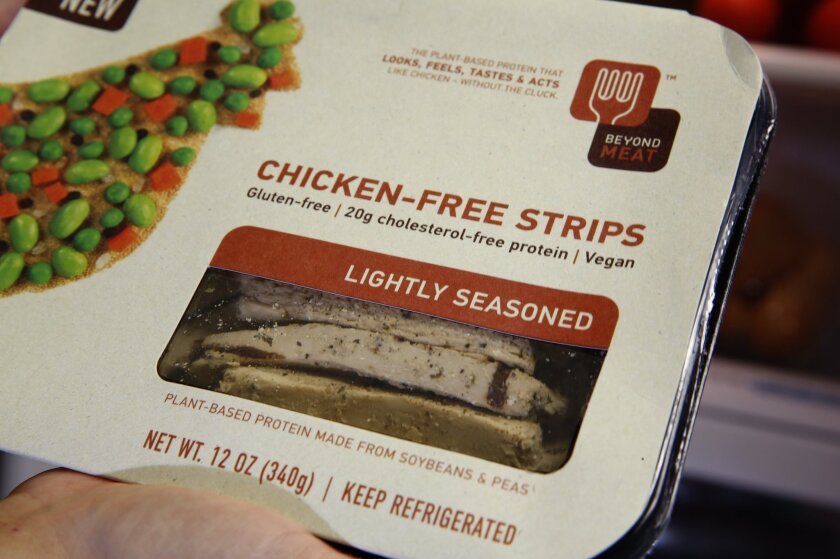 A package of chicken-free vegan protein strips produced by El Segundo-based Beyond Meat.