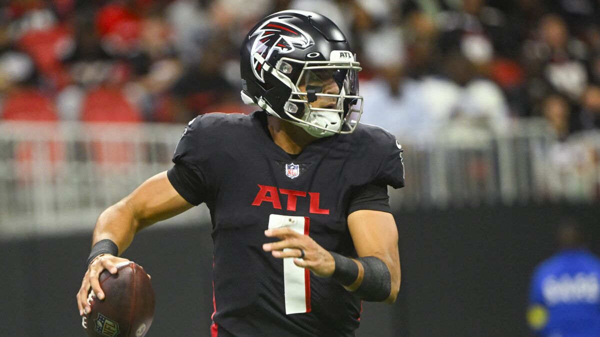 Atlanta Falcons quarterback Marcus Mariota looks to pass against the Carolina Panthers on Oct. 30.