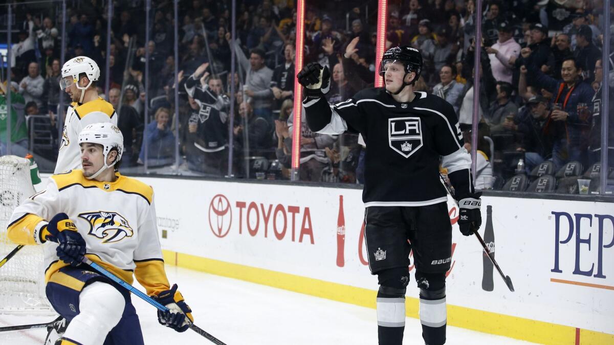 Kings forward Austin Wagner celebrates his goal against the Nashville Predators during the second period.
