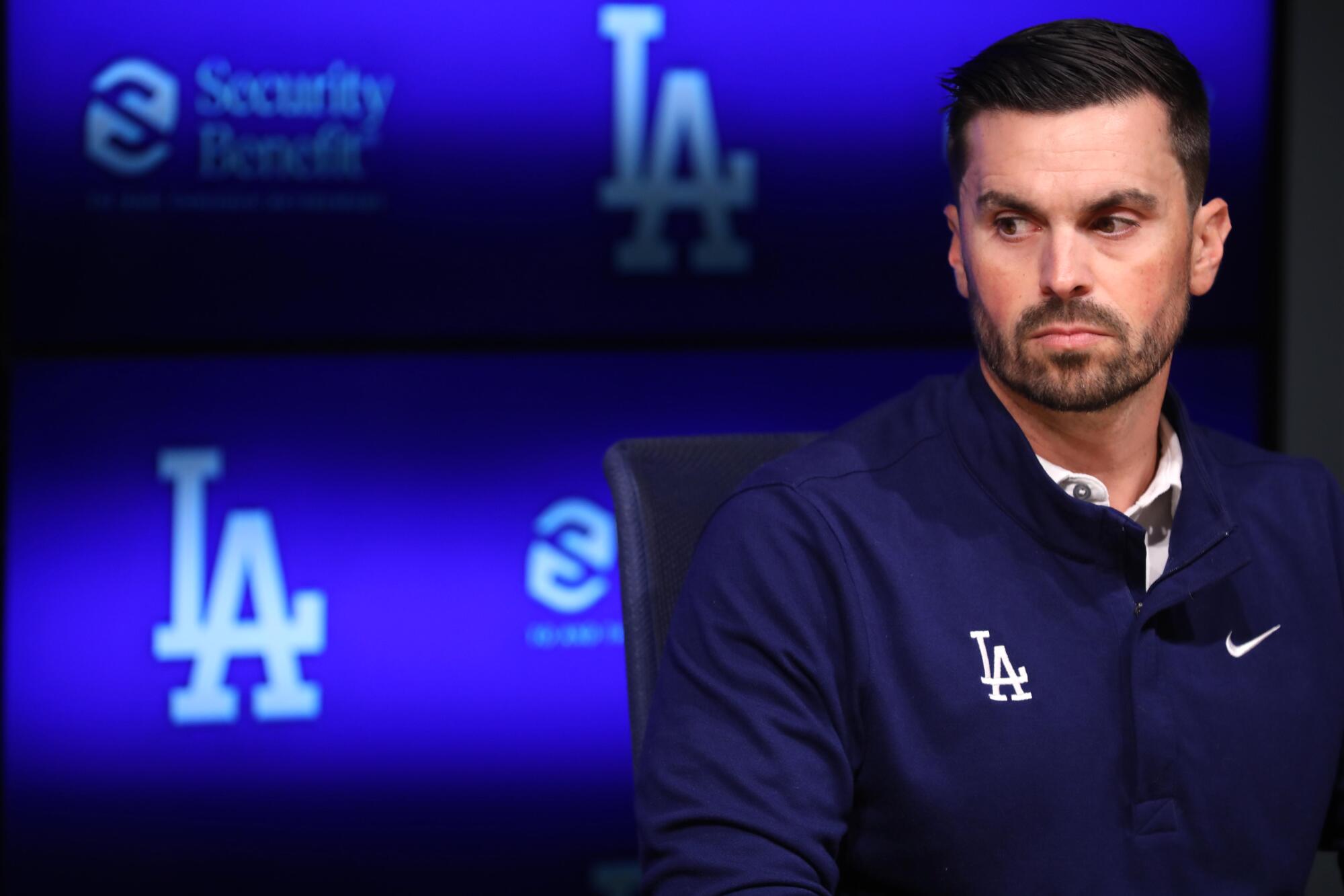 Dodgers General Manager Brandon Gomes attends the team's end-of-season news conference on Tuesday.