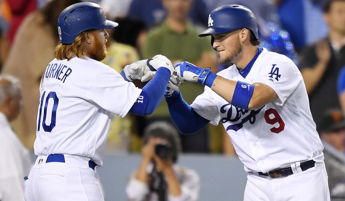 Los Angeles Dodgers' Justin Turner, left, celebrates his solo home run with Yasmani Grandal during the fourth inning on Wednesday.