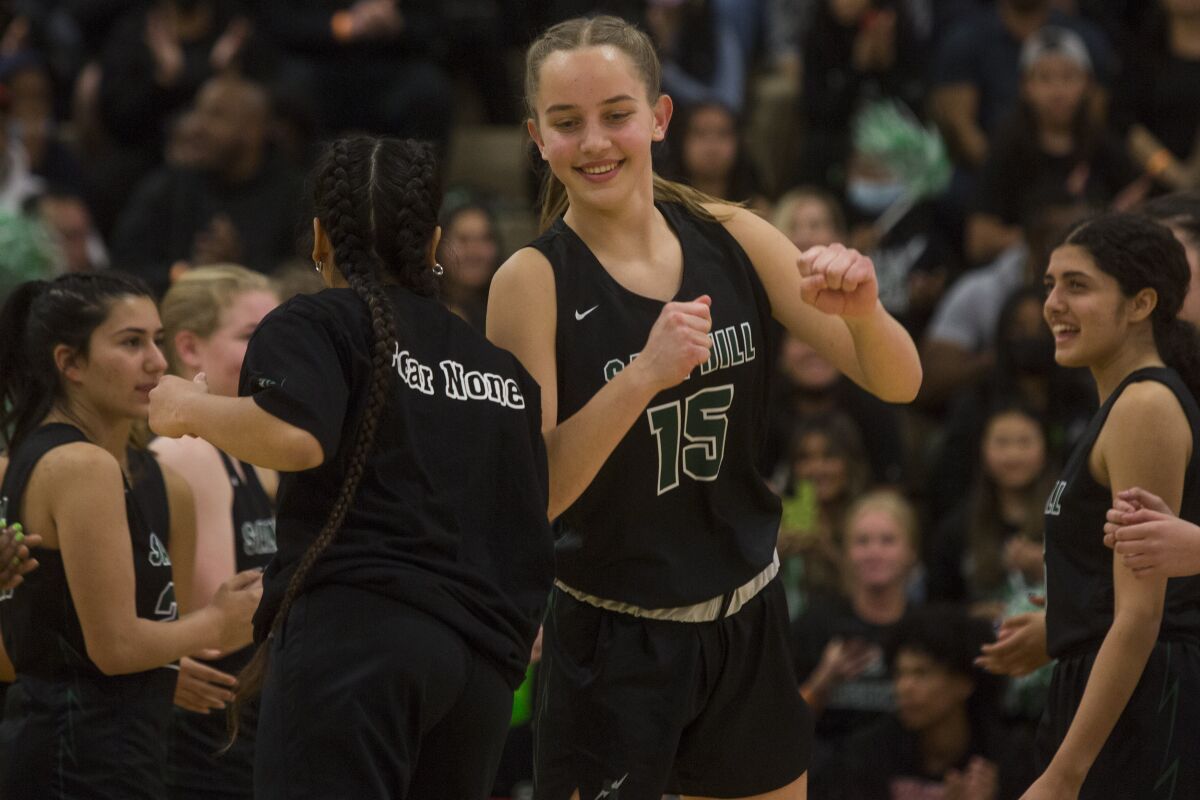 Sage Hill's Annabelle Spotts smiles while entering the court before the CIF Southern Section Division 2AA final.