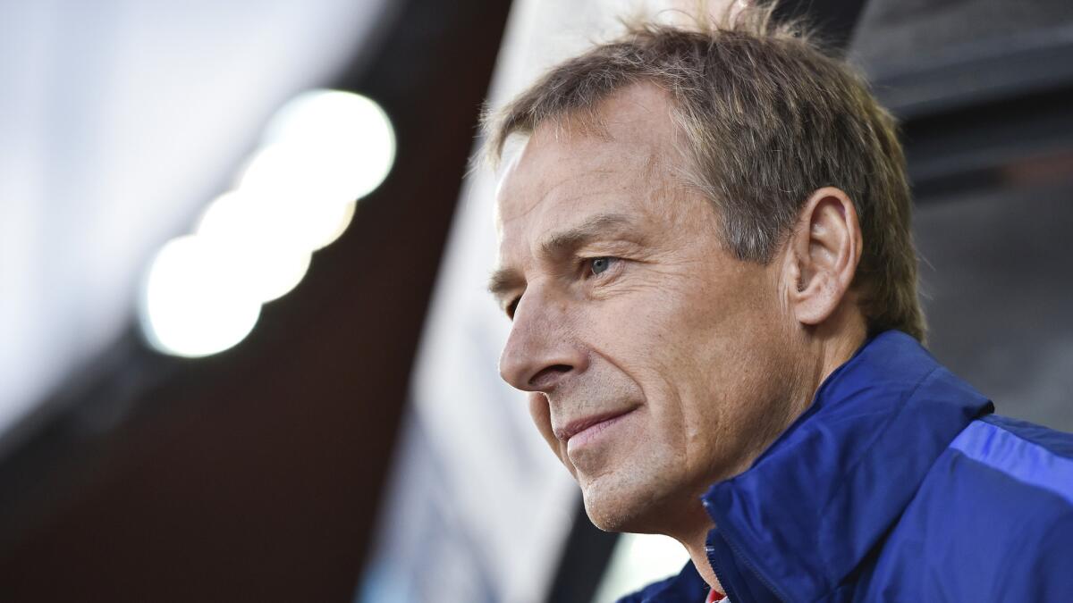 U.S. national soccer team Coach Juergen Klinsmann looks on during an international friendly against Switzerland in Zurich on March 31.