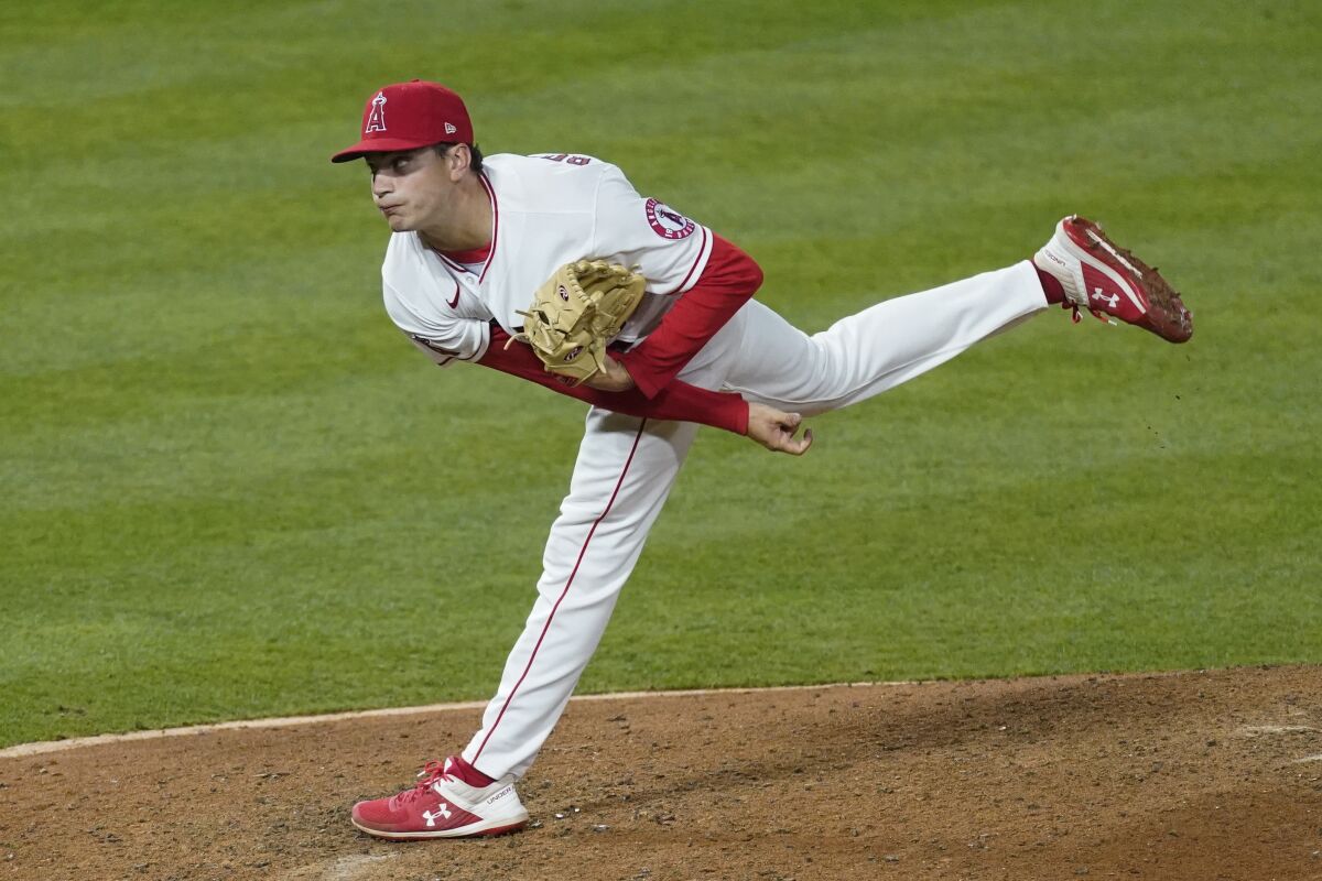 Chris Rodriguez pitches against the Chicago White Sox on April 2 at Angel Stadium.