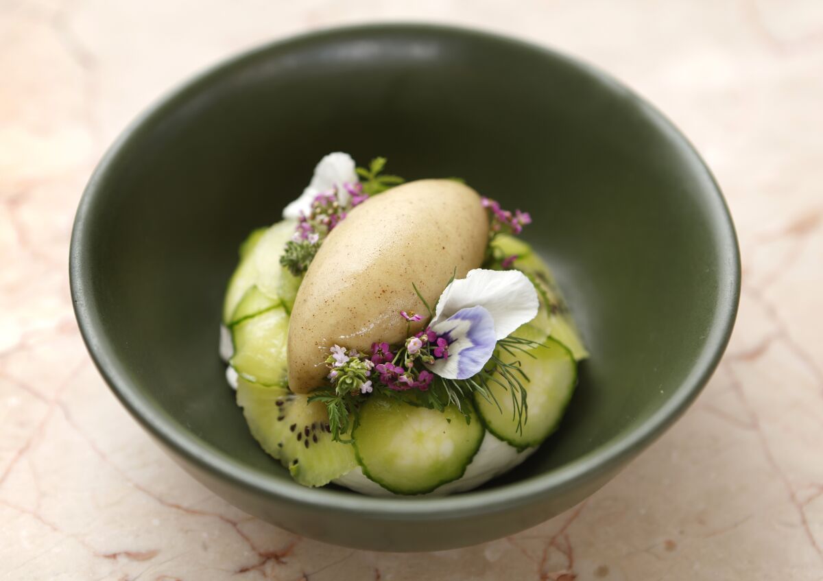 Gianna Buzzetta's Kiwi dessert at Jeune et Jolie includes yogurt, cucumber and cashews.