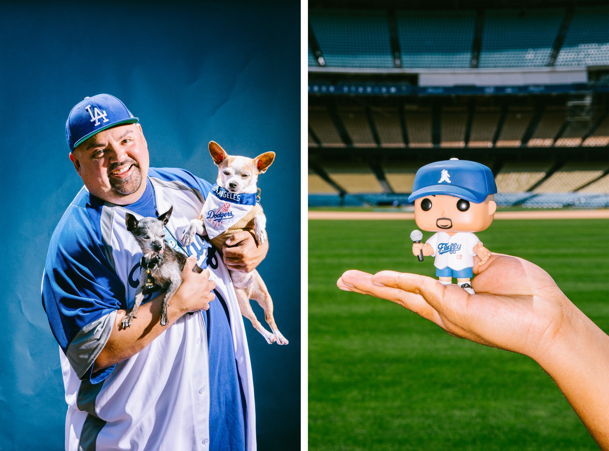 A man with two dogs, left.  A bobblehead of that same man doll in the palm of a hand, right.