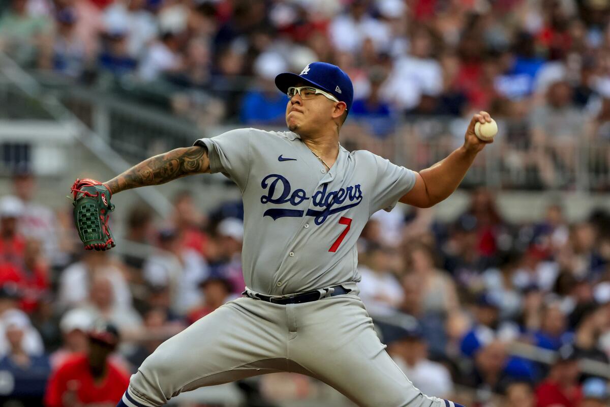 Dodgers starter Julio Urías pitches during the second inning at Atlanta on June 24, 2022.