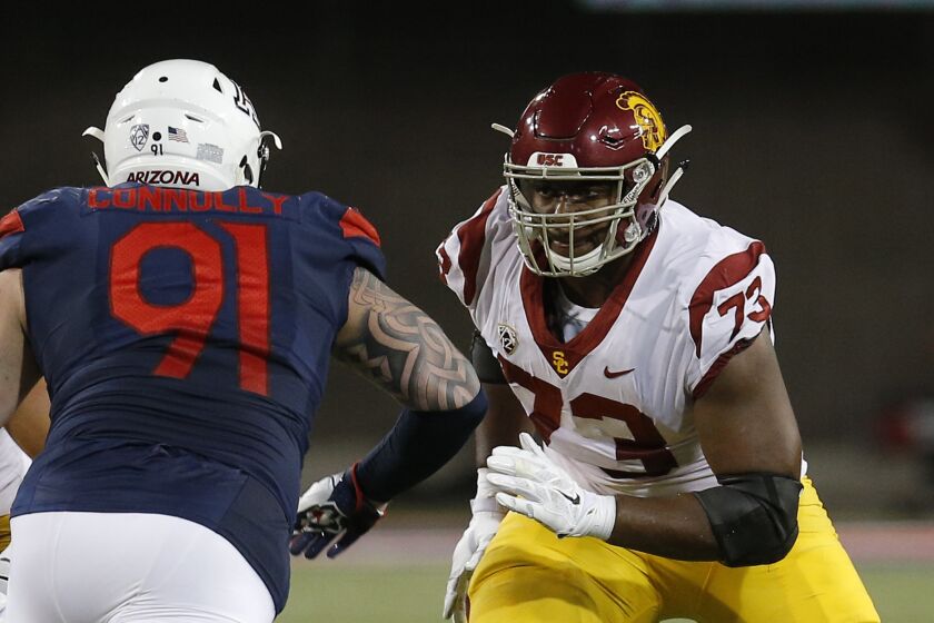 File- This Sept. 29, 2018, file photo shows Southern California offensive lineman Austin Jackson (73) in the first half during an NCAA college football game against Arizona in Tucson, Ariz. Jackson wants to lead Southern California back to the Pac-12 title, but the left tackle already scored a bigger victory when he donated bone marrow to his younger sister, Autumn, last month. (AP Photo/Rick Scuteri, File)