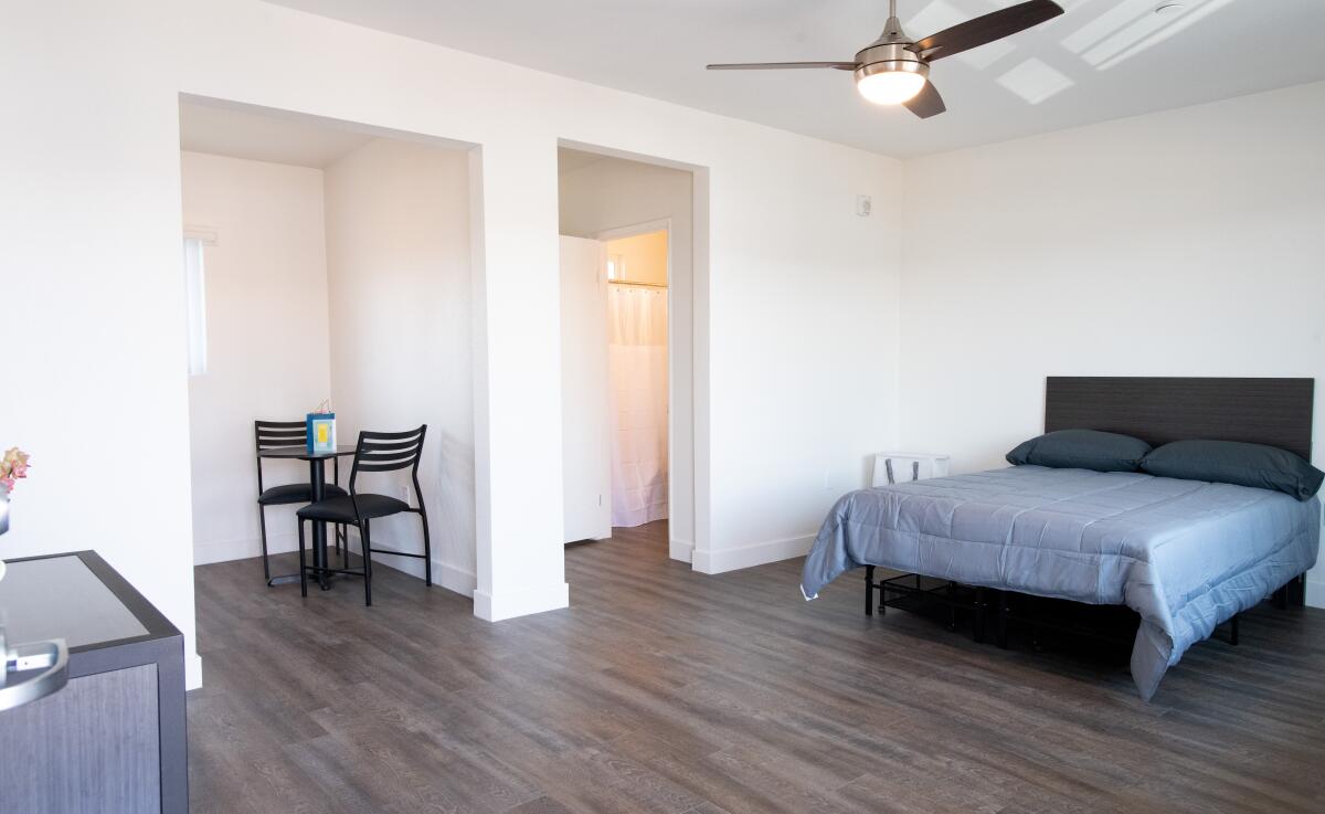 A studio apartment at Clara Vista in Stanton, which was converted from a motel under Project Homekey.