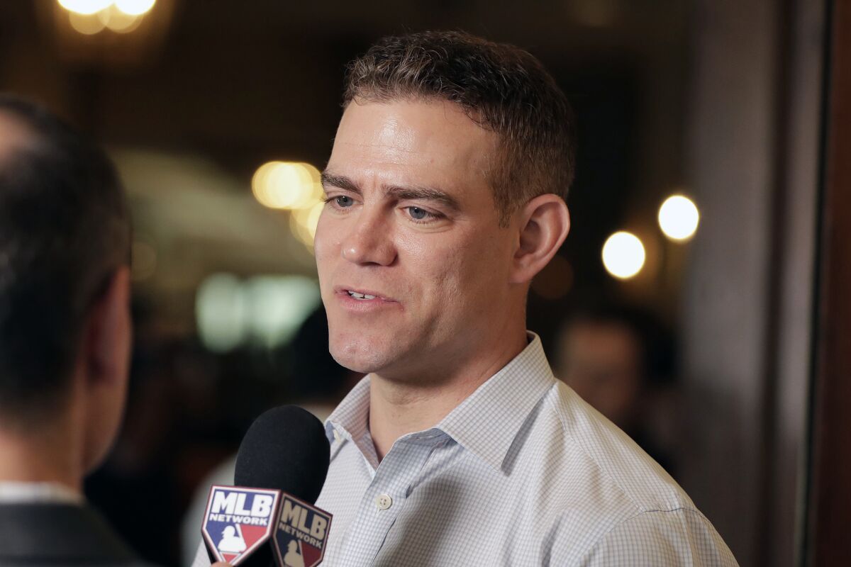 Theo Epstein, Chicago Cubs president of baseball operations, speaks at a media availability.