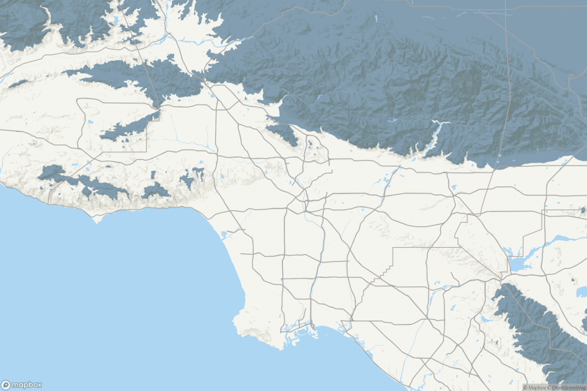 Terrain map of the Los Angeles region highlighting areas over 1500 ft