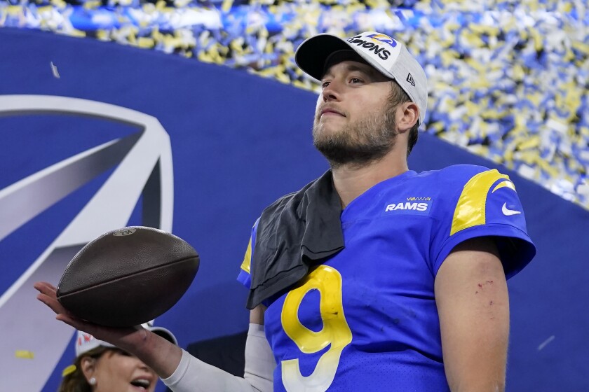 Los Angeles Rams' Matthew Stafford celebrates after the NFC Championship NFL football game against the San Francisco 49ers Sunday, Jan. 30, 2022, in Inglewood, Calif. The Rams won 20-17 to advance to the Super Bowl. (AP Photo/Marcio Jose Sanchez)