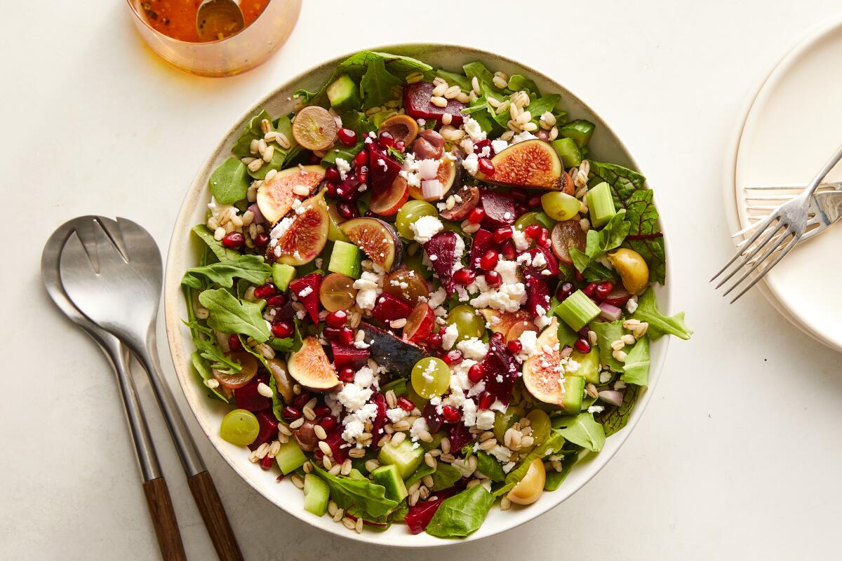Beet and barley salad with date-citrus vinaigrette on a plate.