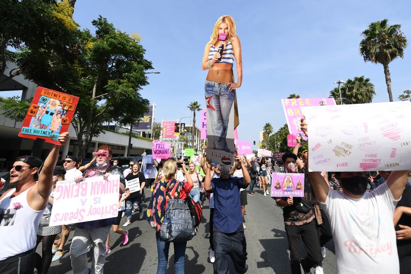 Los Angeles, CA. September 29, 2021: Britney Spears fans rally outside the courthouse before the announcement that Britney Spears' father, Jamie spears, is suspended from her conservatorship in Los Angeles Wednesday. (Wally Skalij/Los Angeles Times)