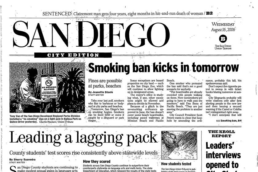"Smoking ban" article on page B-1 of The San Diego Union-Tribune, Aug. 16, 2006.