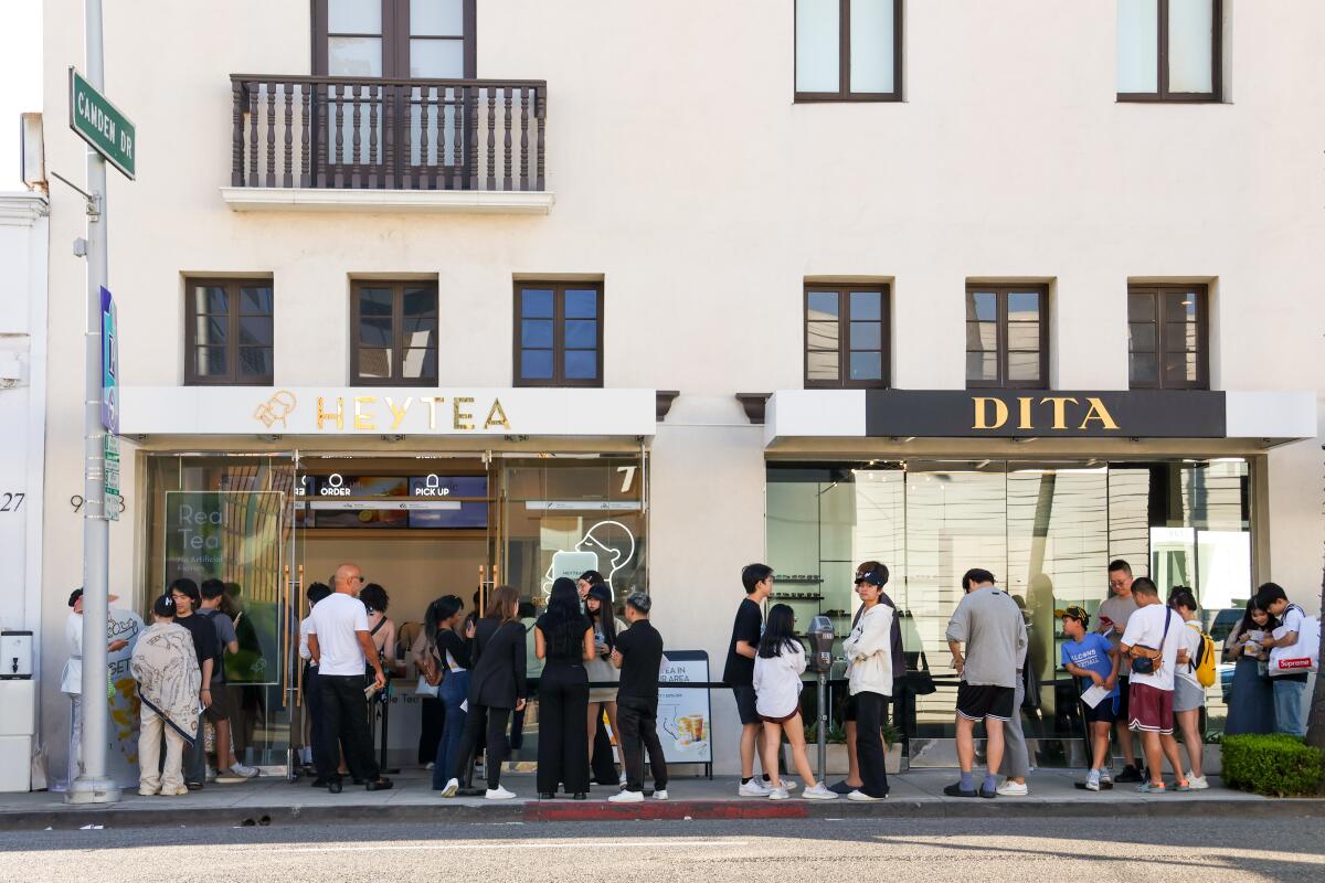 People stand in line outside Heytea in Beverly Hills.