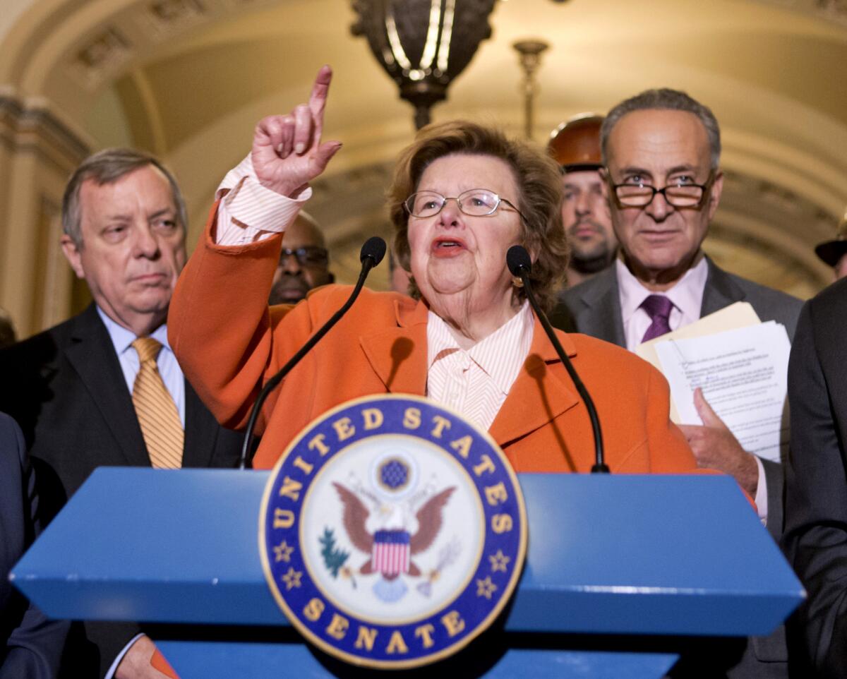 Sen. Barbara Mikulski (D-Md.), the longest-serving woman in Congress, said it "brings tears to my eyes" to hear the stories of women being paid less than men for equal work.