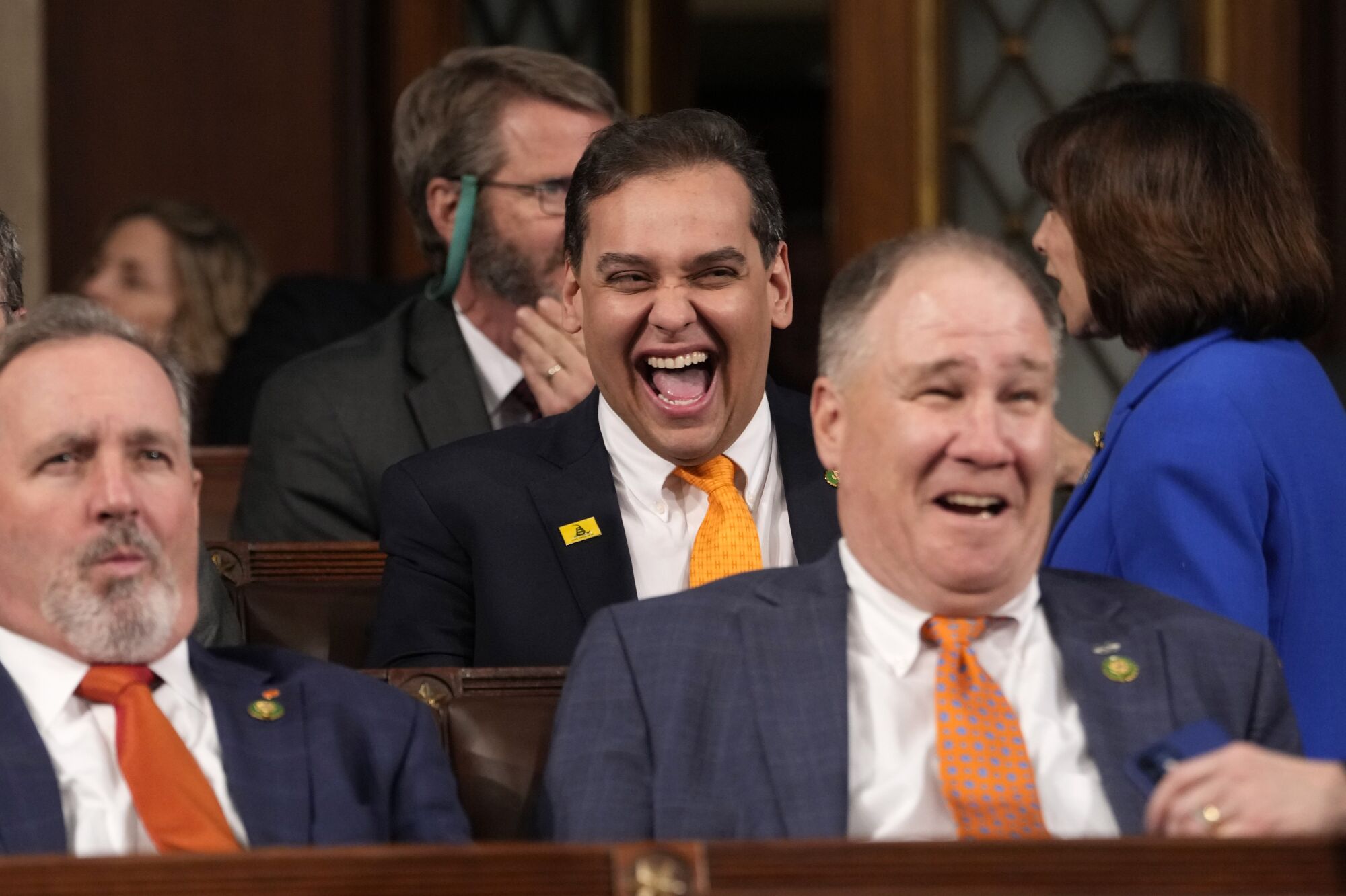 Representative George Santos, a Republican from New York, center, ahead of a State of the Union address at the US Capitol.