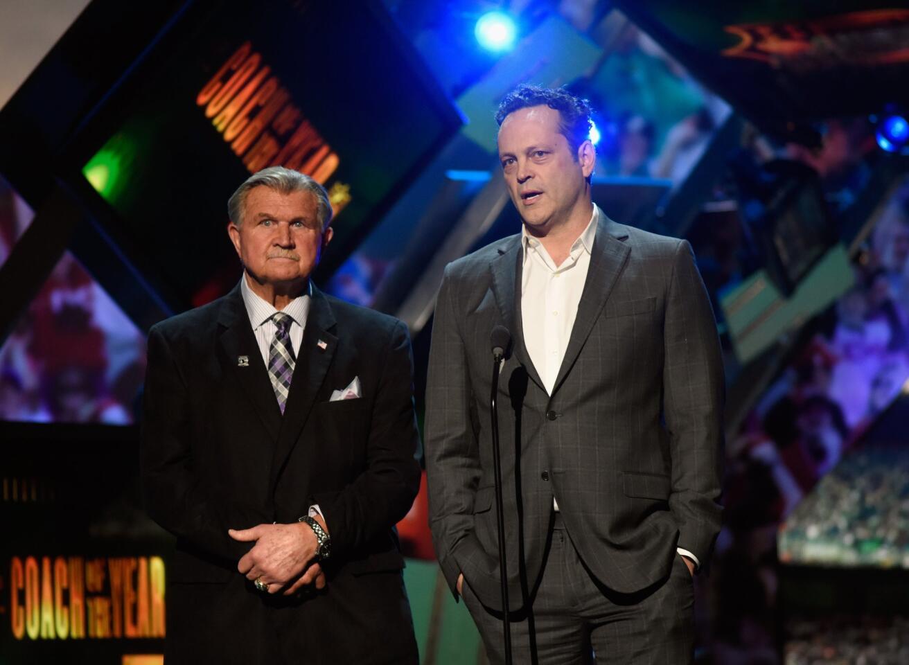 Mike Ditka and actor Vince Vaughn speak onstage during the 5th Annual NFL Honors at Bill Graham Civic Auditorium on February 6, 2016, in San Francisco.