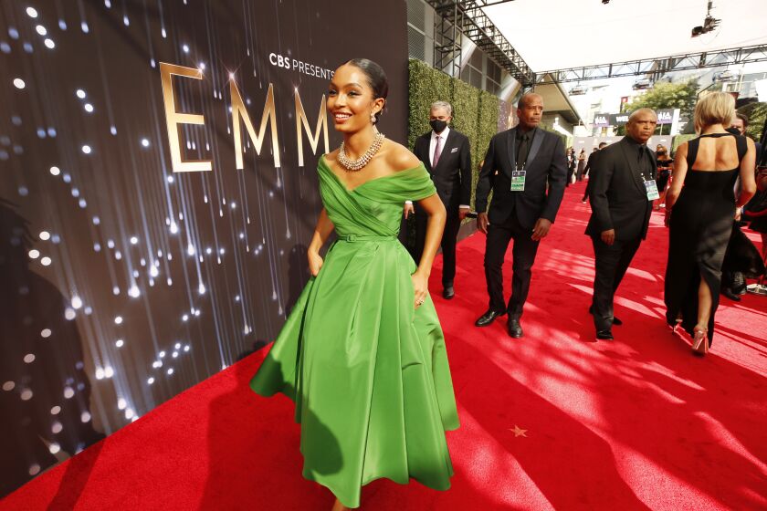 LOS ANGELES, CA - SEPTEMBER 19: Yara Shahidi arrives on the red carpet for the 73rd Annual Emmy Awards taking place at LA Live on/ Sunday, Sept. 19, 2021 in Los Angeles, CA. (Al Seib / Los Angeles Times)