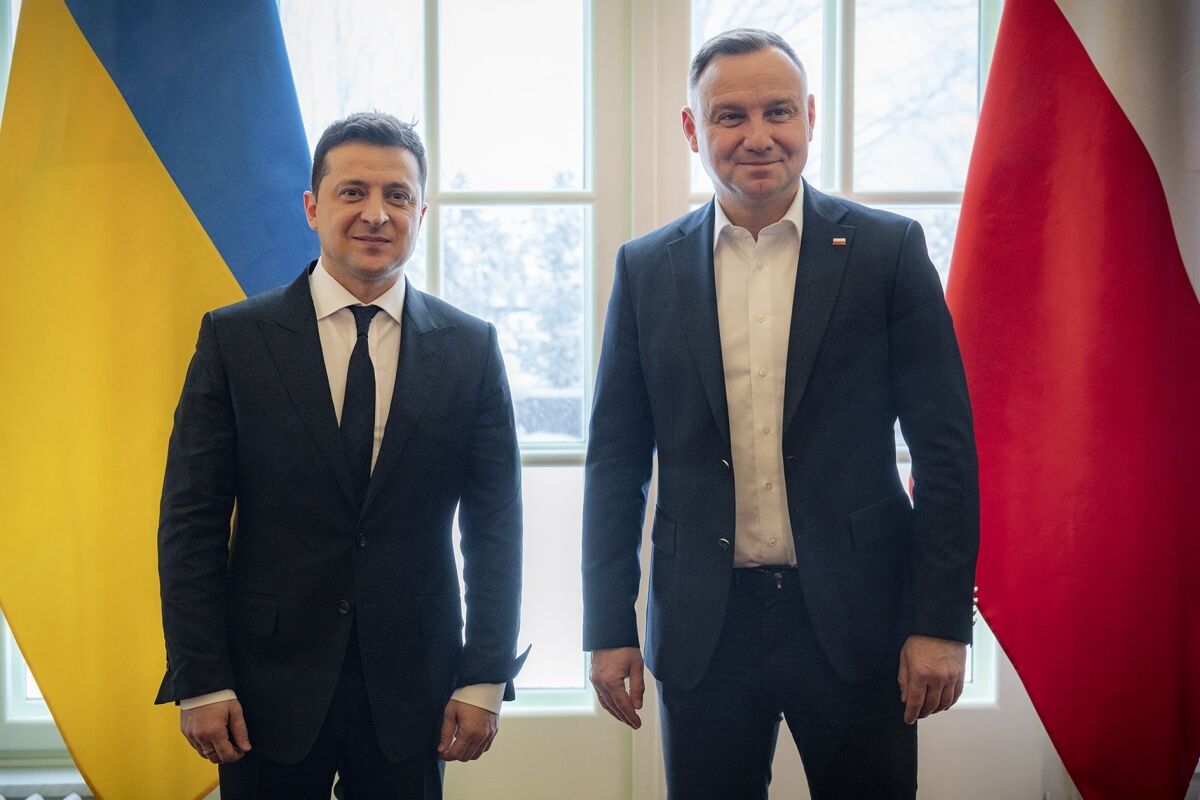 In this handout photo provided by the Ukrainian Presidential Press Office, Ukrainian President Volodymyr Zelenskyy, left, and Polish President Andrzej Duda pose for a photo during their meeting in the southern Polish city of Wisla, Thursday, Jan. 20, 2022. Ukrainian President Volodymyr Zelenskyy is in Poland for two days of talks with his Polish counterpart as fears run high that Russia could invade Ukraine. (Ukrainian Presidential Press Office via AP)