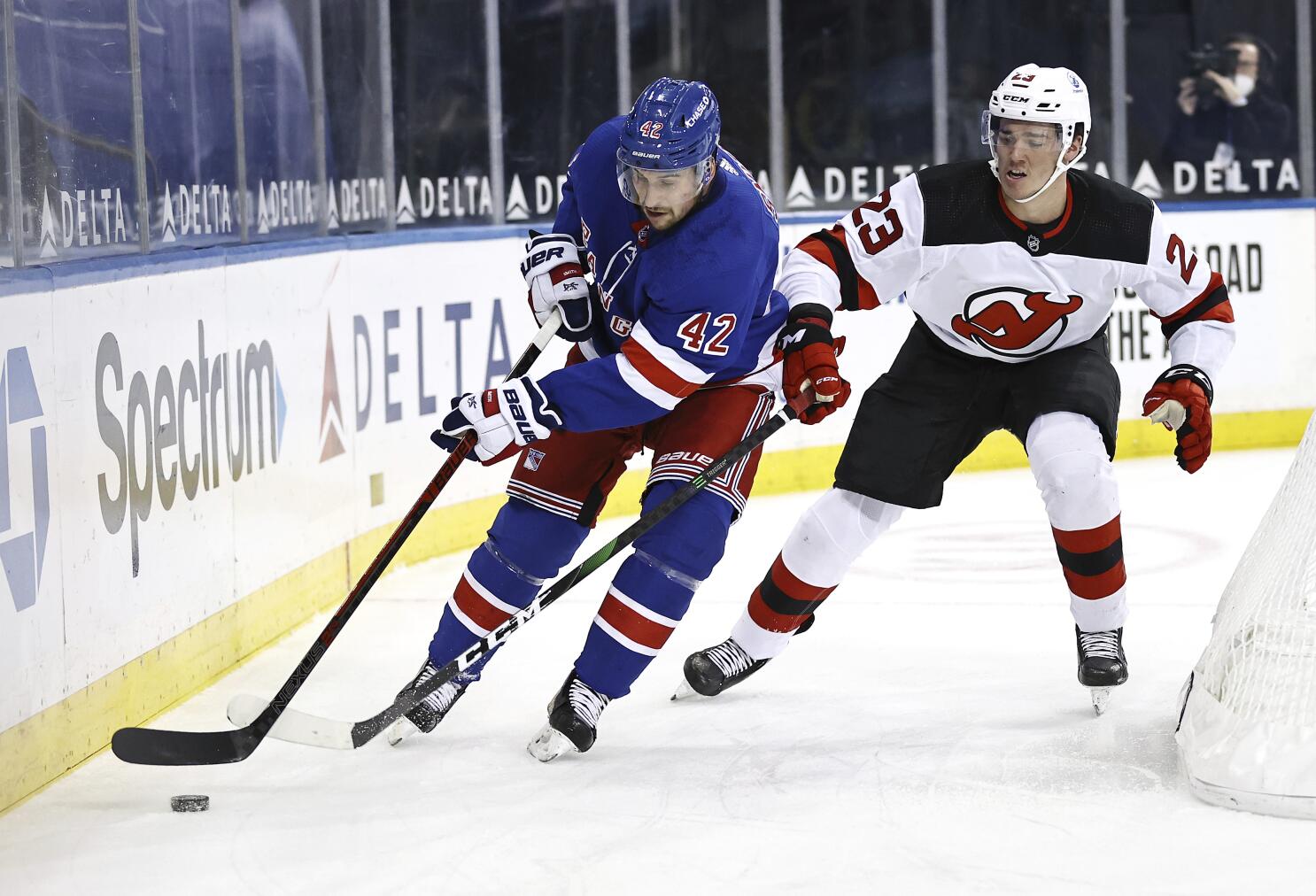 New Jersey Devils' Mikhail Maltsev (23) celebrates his empty-net