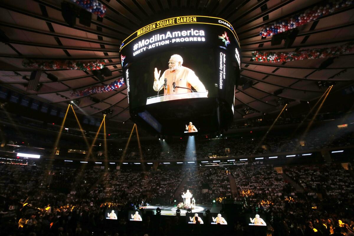 India Prime Minister Narendra Modi speaks at Madison Square Garden on Sunday.