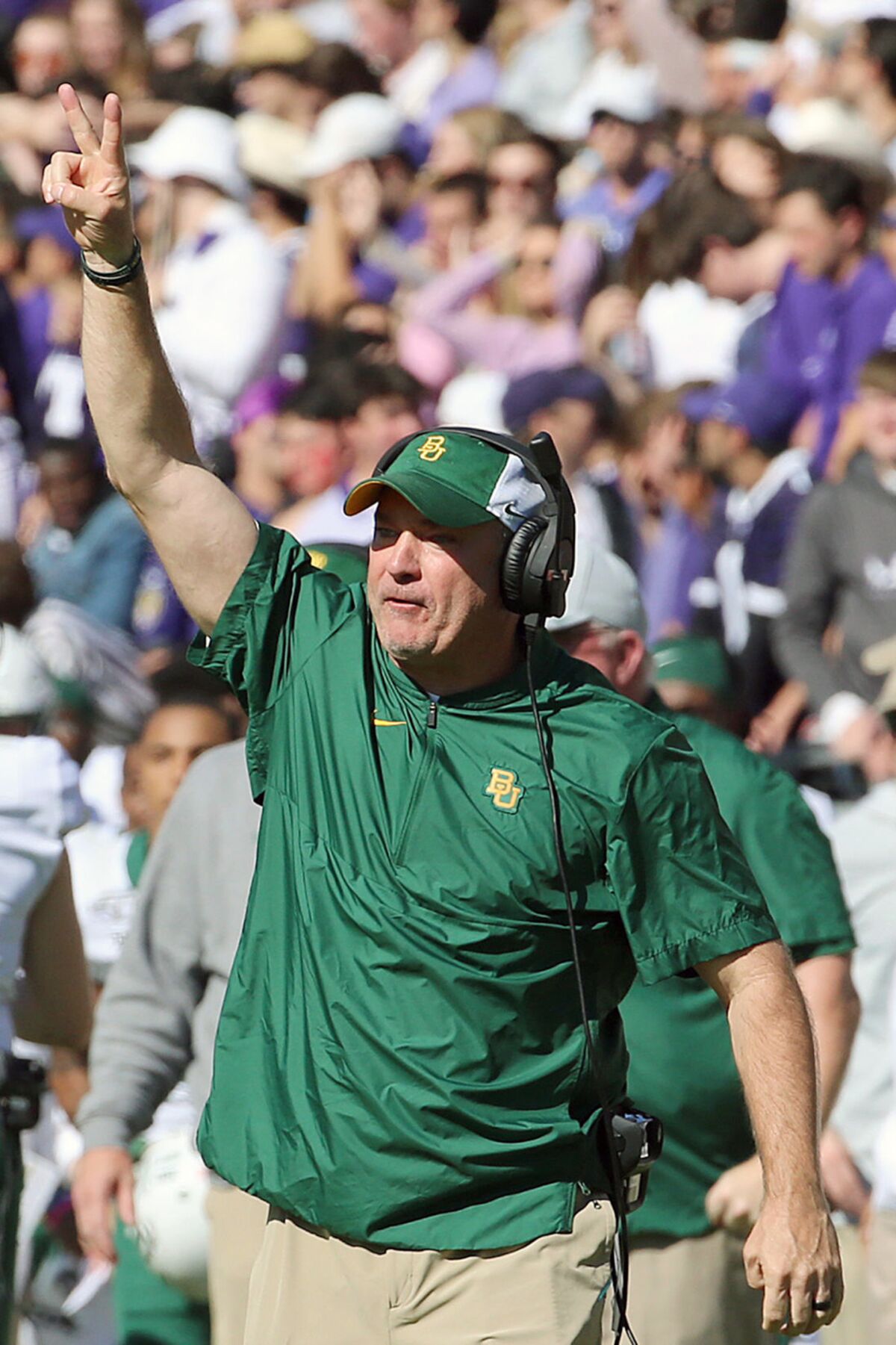 This undated photo shows Baylor associate head coach Joey McGuire during an NCAA college football game in Waco, Texas. Texas Tech is finalizing a deal to hire Baylor assistant and longtime Texas high school coach Joey McGuire as its next head coach. A person familiar with knowledge of the decision told The Associated Press on Monday, Nov. 8, 2021, that Tech was planning to announce the hiring of McGuire soon. The person spoke on condition of anonymity because details of an agreement were still be completed. (Jerry Larson/Waco Tribune Herald, via AP)