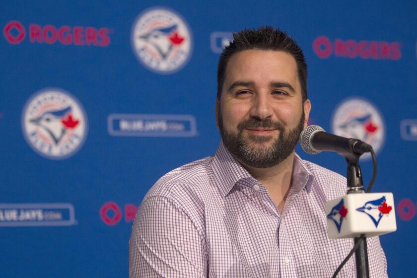 Then-Toronto Blue Jays General Manager Alex Anthopoulos attends a season-ending news conference in October. He's now with the Dodgers.