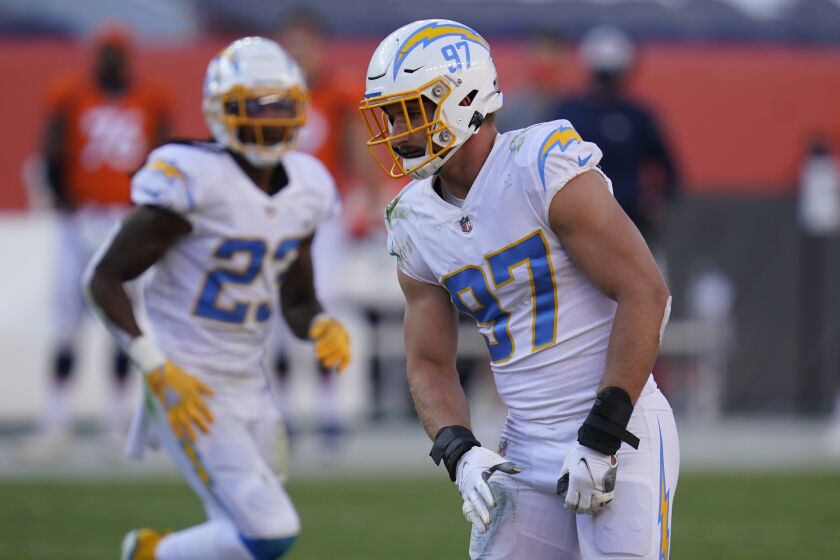Los Angeles Chargers defensive end Joey Bosa (97) against the Denver Broncos during the first half of an NFL football game, Sunday, Nov. 1, 2020, in Denver. (AP Photo/David Zalubowski)