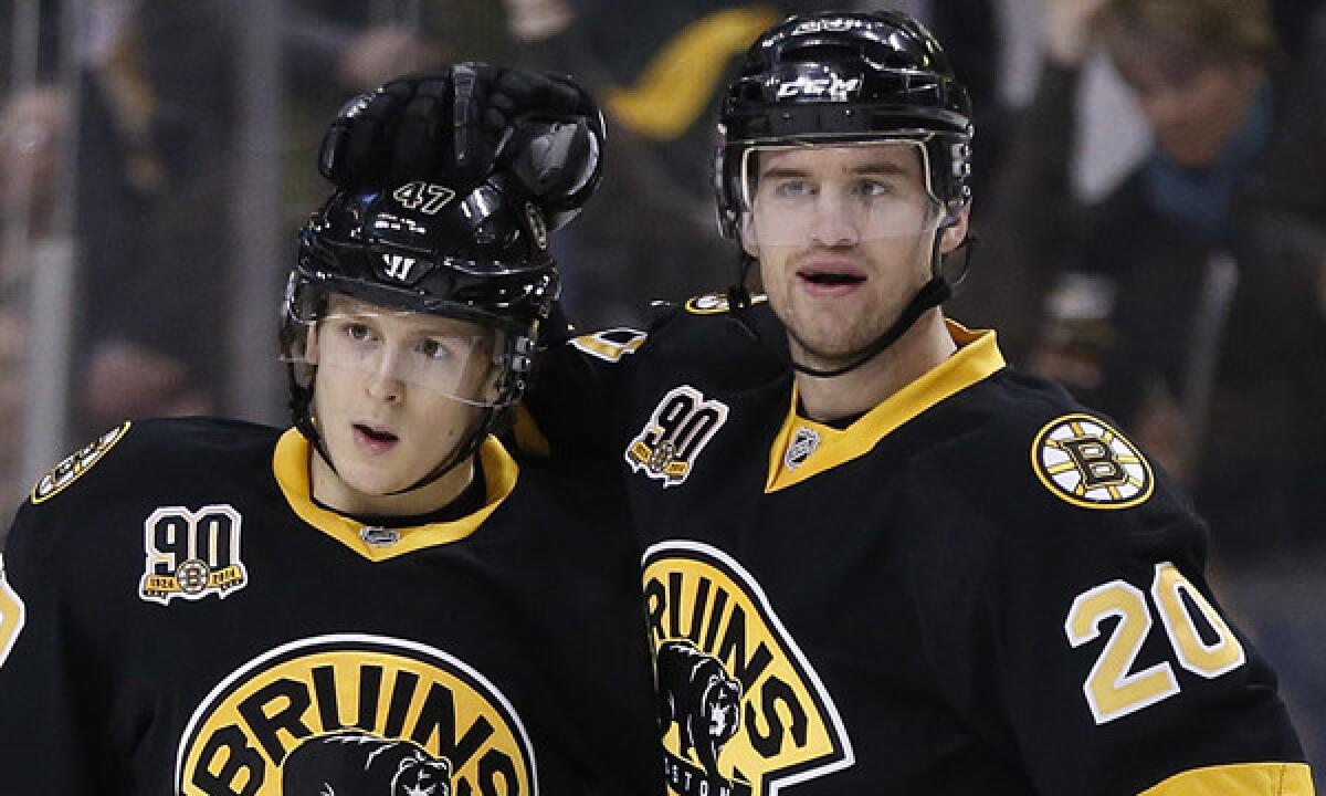 Boston's Torey Krug, left, is congratulated by teammate Daniel Paille after scoring a goal during the Bruins' 4-1 win over the Winnipeg Jets on Saturday.