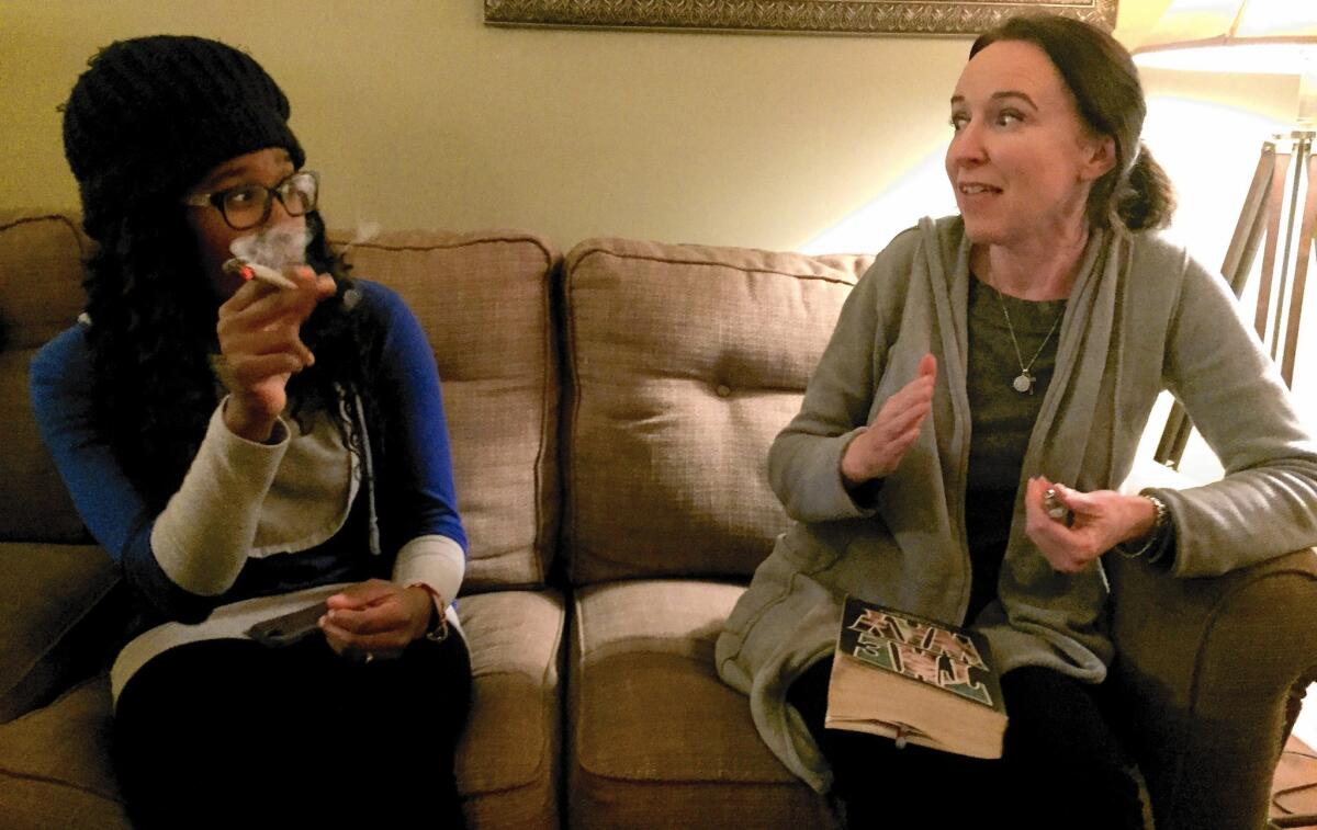 “I didn’t love my fellow man until I got high,” says Deb Button, right, at Stoner Jesus Bible Study with Mia Williams, a member.