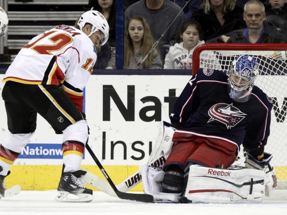 Calgary's Jarome Iginla has his shot stopped by Columbus goalie Sergi Bobrovsky in a game earlier this season.