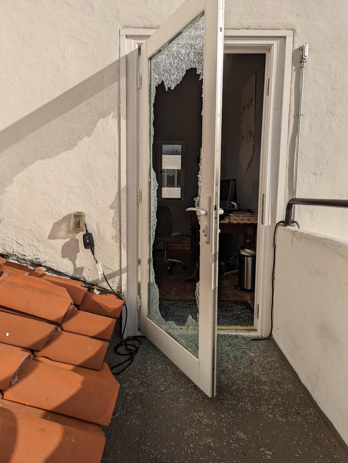 A glass door leading to a pastor's office at Costa Mesa First United Methodist Church was broken Saturday in a burglary.