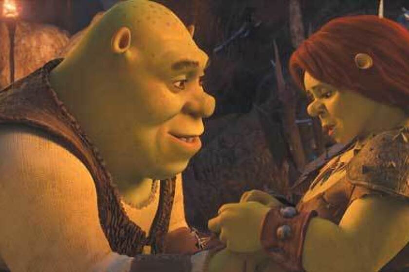 Shrek and Fiona talk in a scene from the animated film "Shrek Forever After"